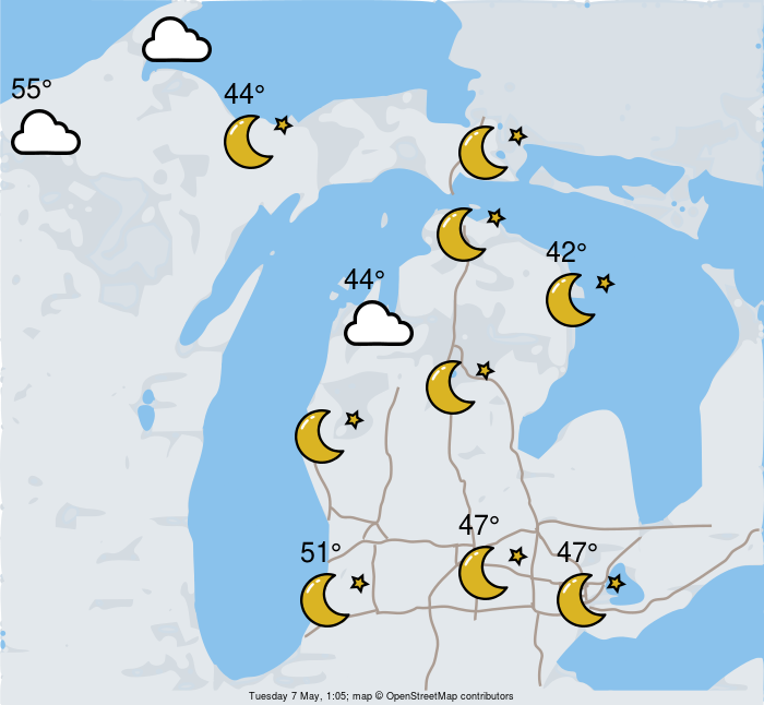 Map of Michigan with weather icons