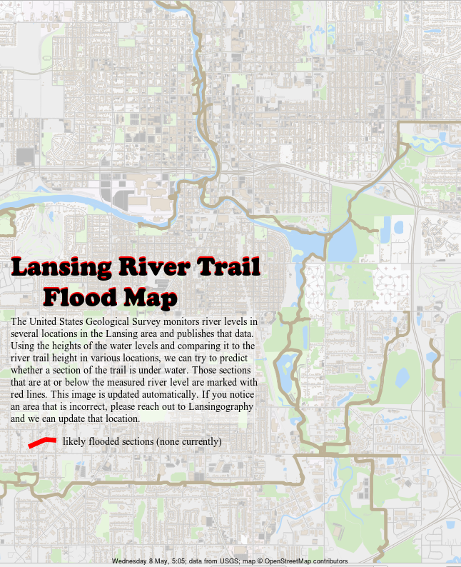 Map of lansing river trail with flood indicators